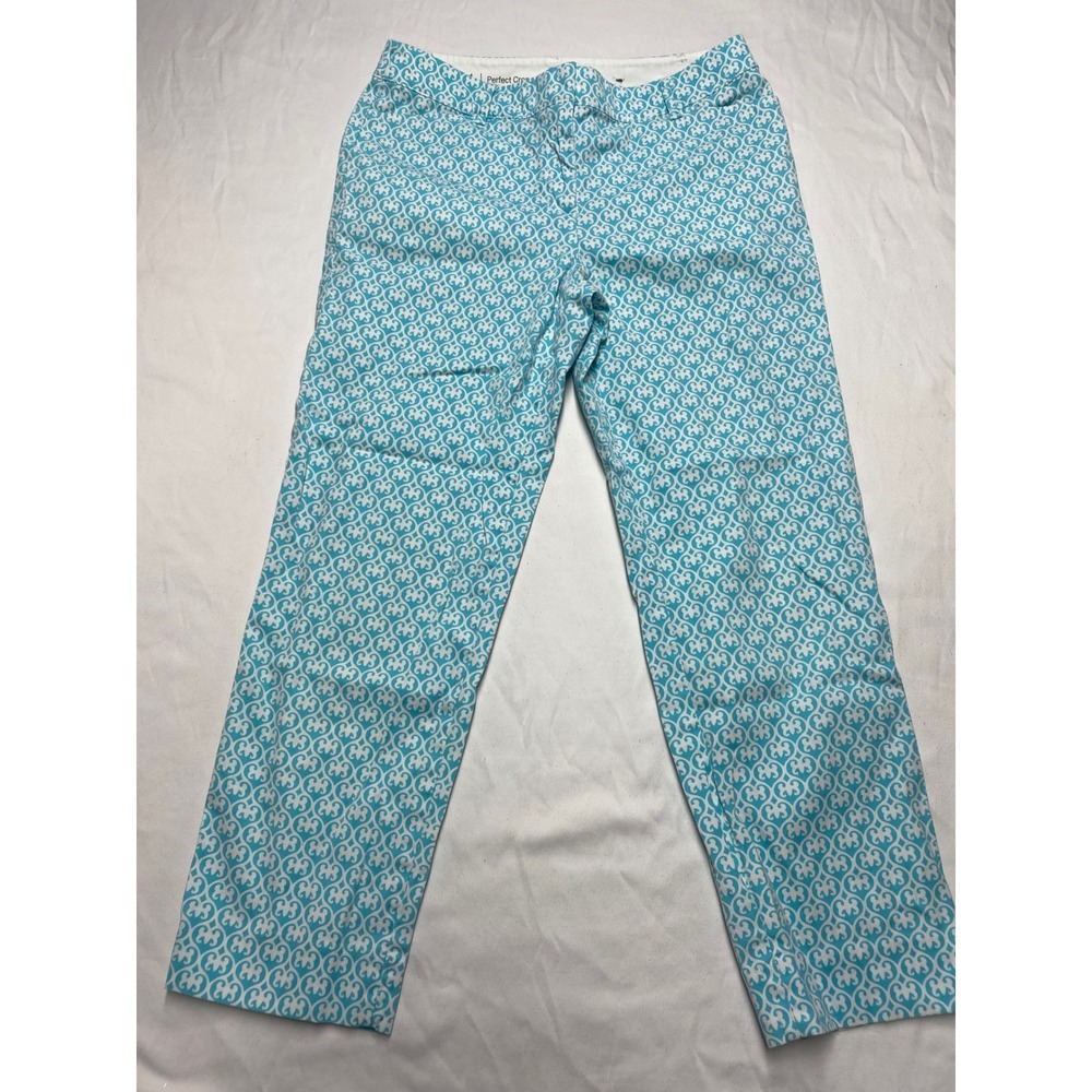 Talbots Perfect Crop Pants Size 4 Teal White Medallion Scroll Print Cotton Blend